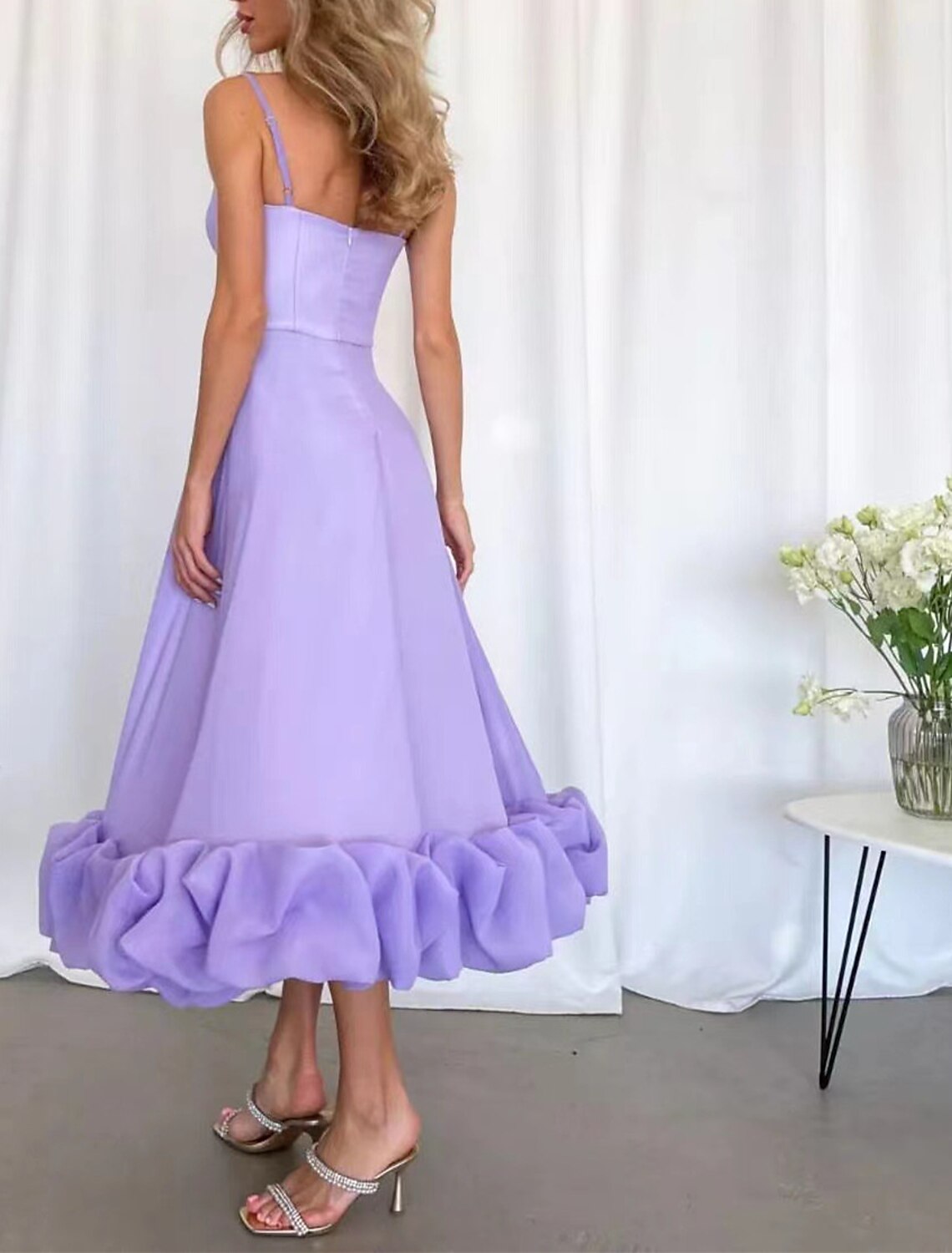 Wholesale A-Line Party Dresses Tiered Plisse Dress Wedding Guest Homecoming Tea Length Sleeveless Spaghetti Strap Polyester with Fringe